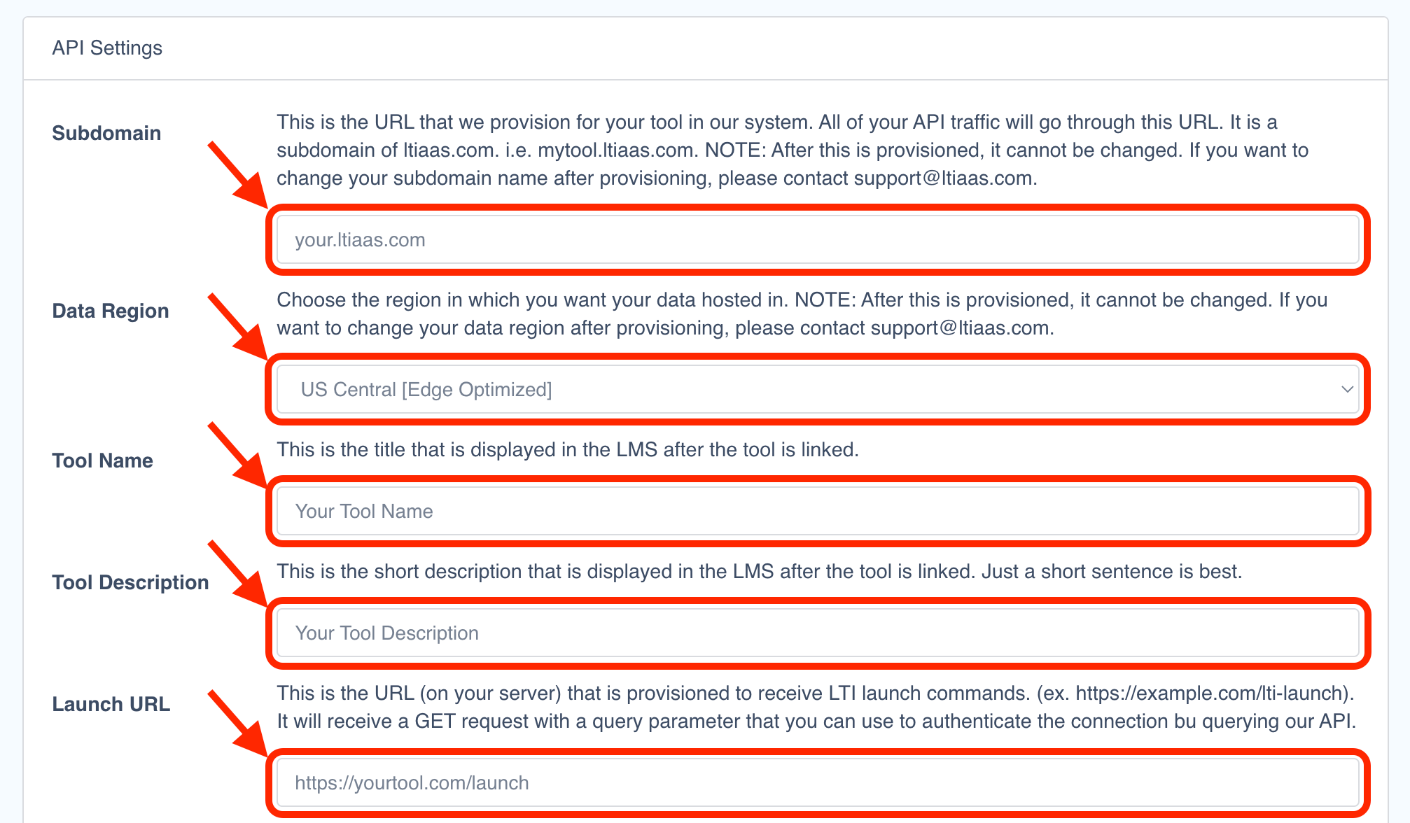 API settings form