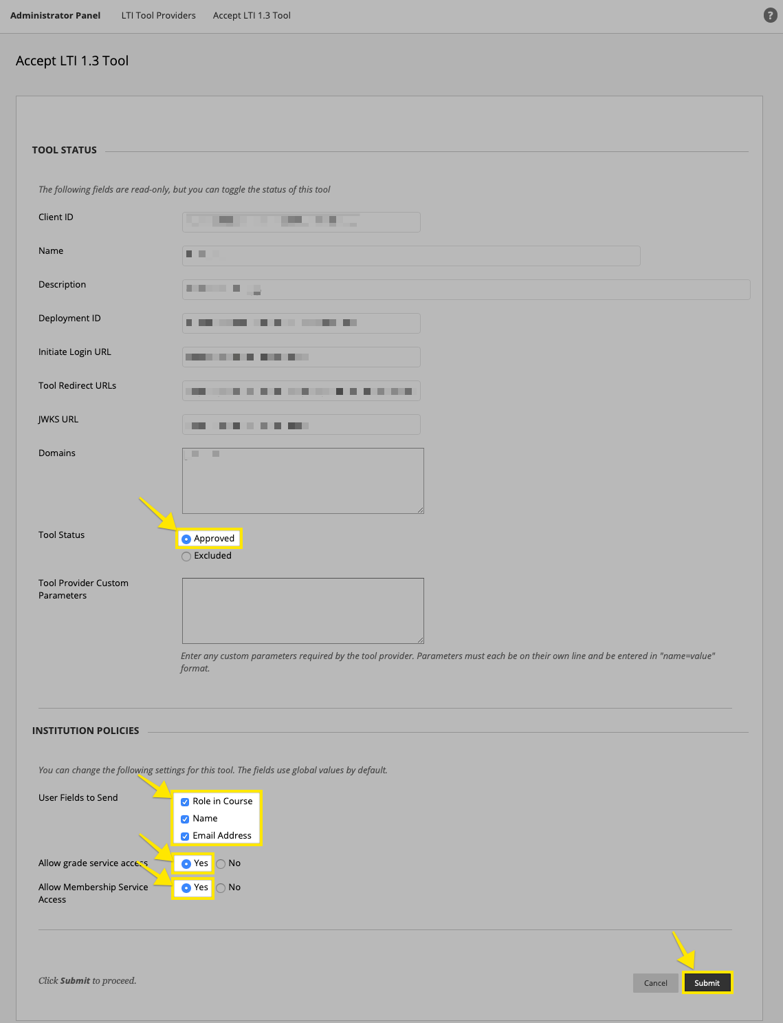 Blackboard accept LTI® tool form