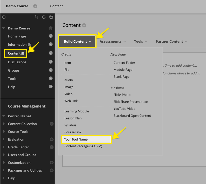 Blackboard build content menu inside a course