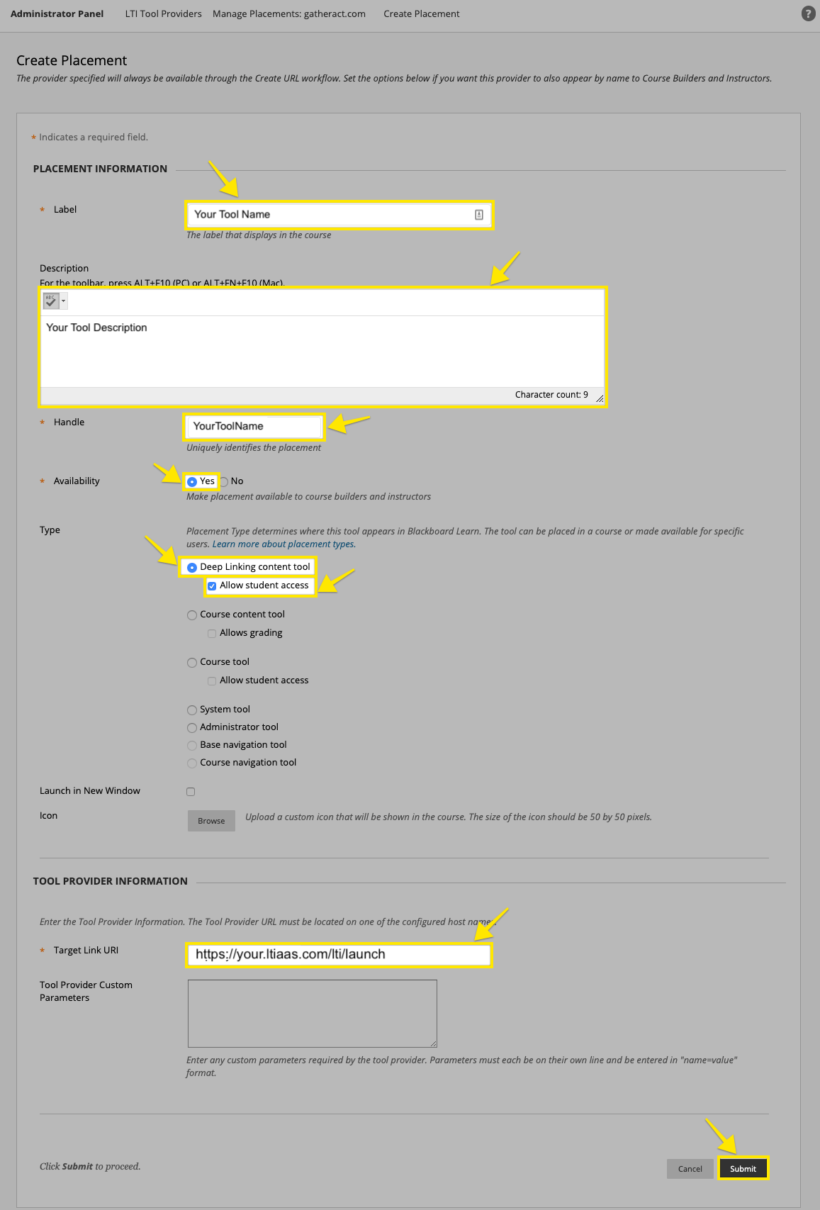 Blackboard create placement form