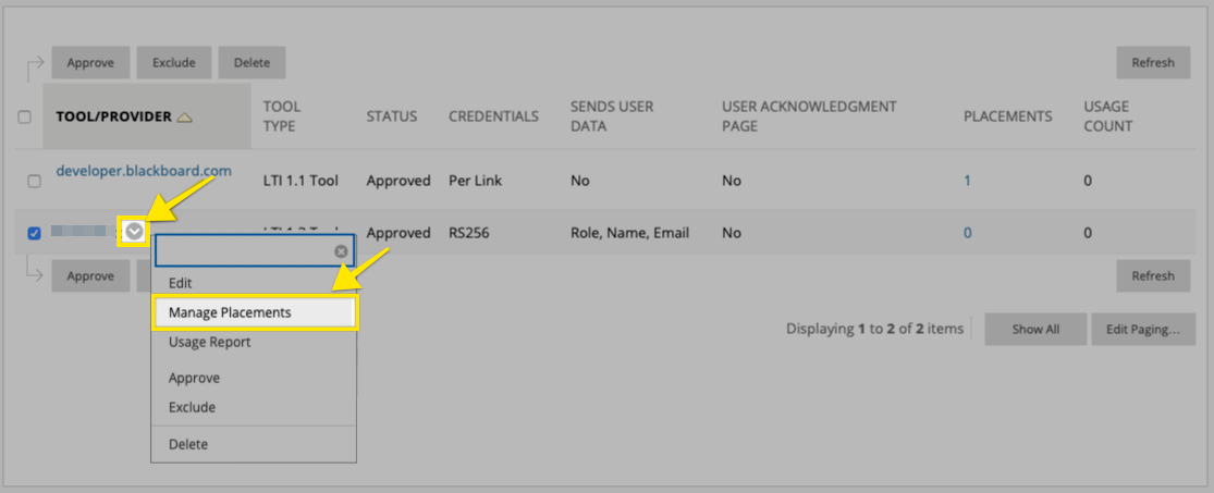 Manage placements menu link within the LTI® tool providers table