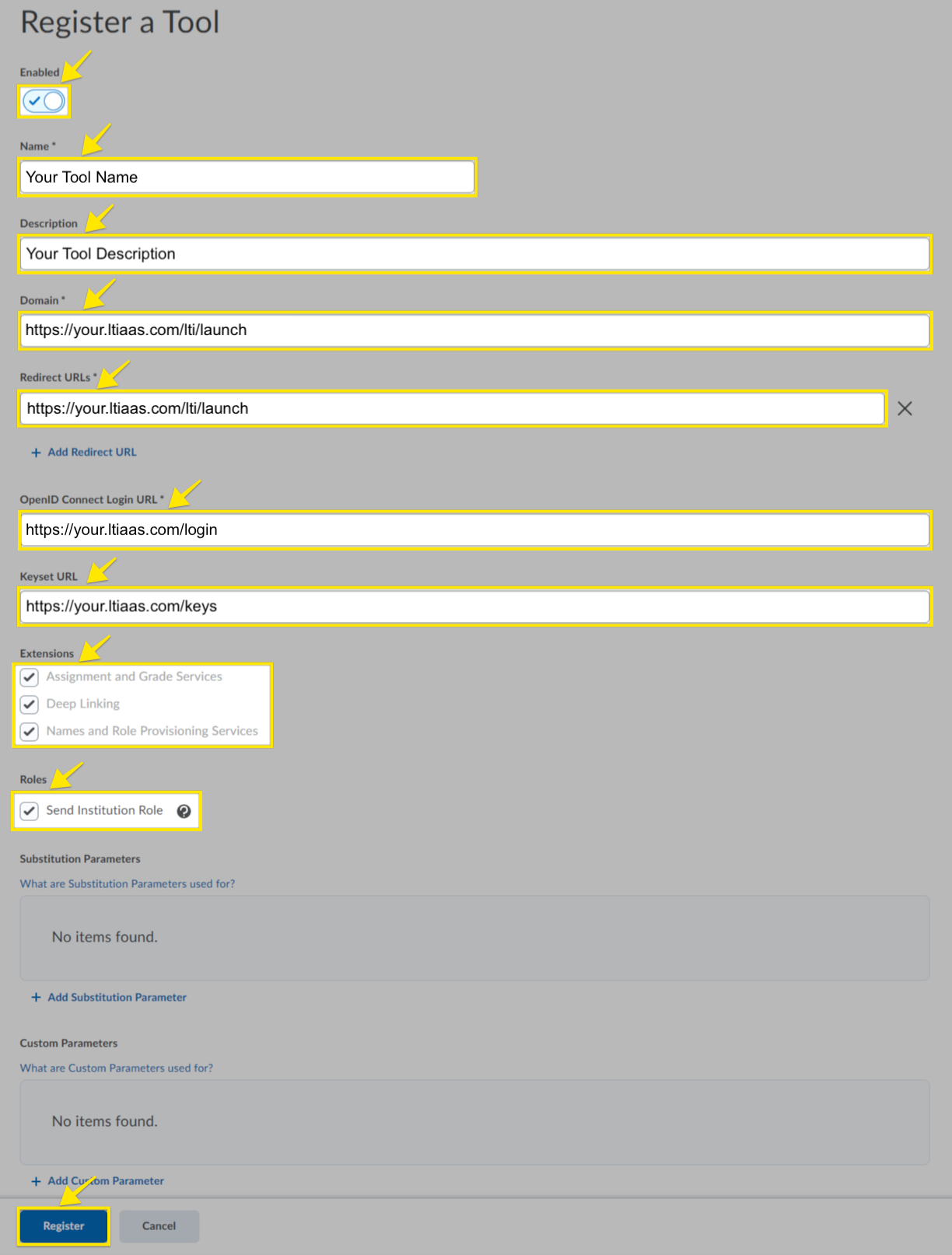 Brightpsace register a tool form