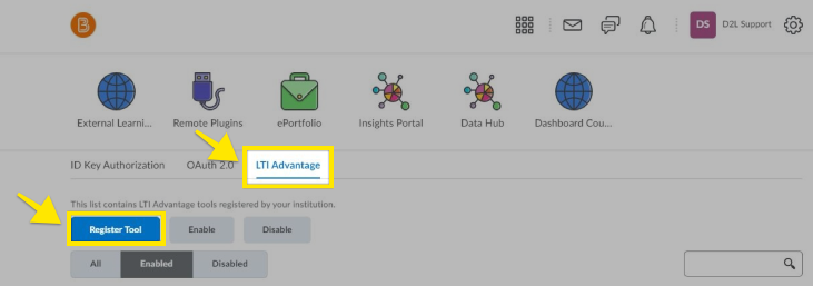 Brightspace LTI® advantage tab with register tool button highlighted