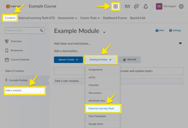 Brightspace add activity to course