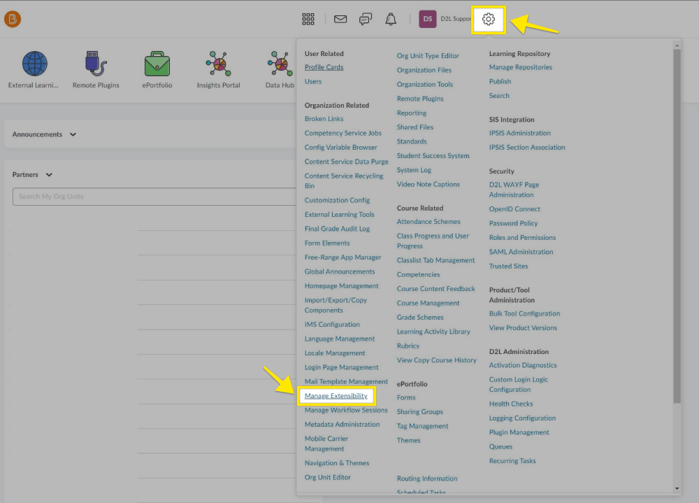 Brightspace manage extensibility menu