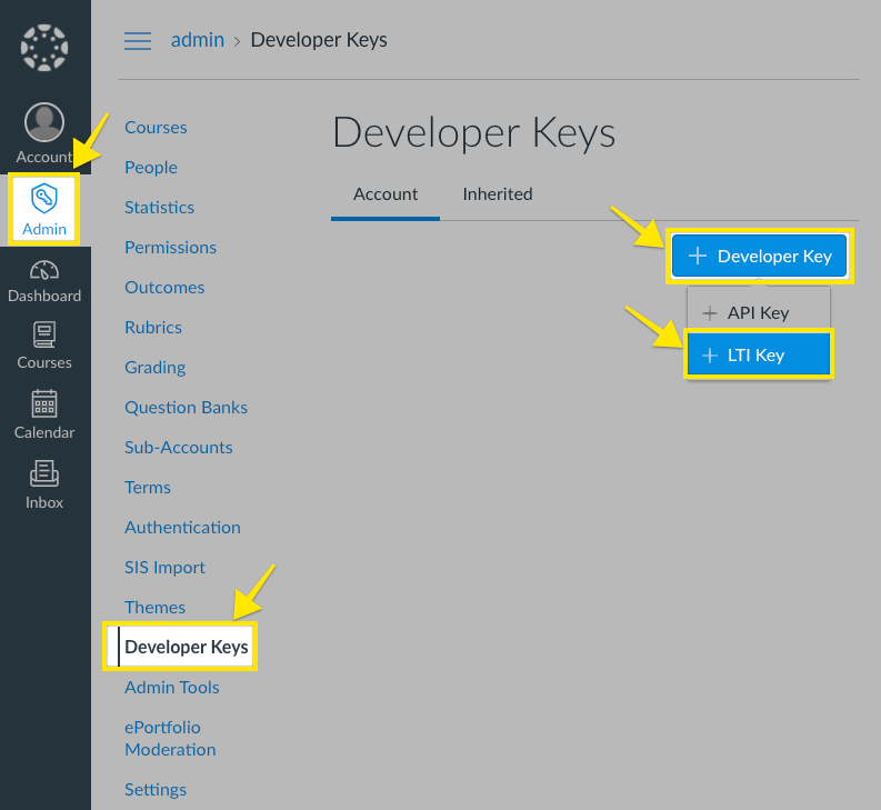 Canvas add LTI® key button inside admin menu