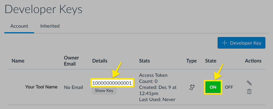 Canvas developer keys table with client ID highlighted