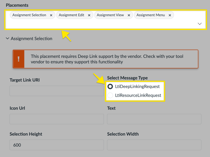 Canvas add placements form with message type selection