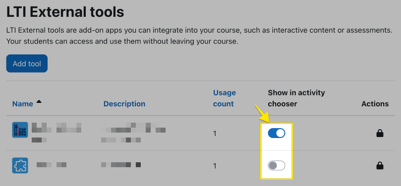 Available LTI® External Tools that can be enabled in a Moodle course