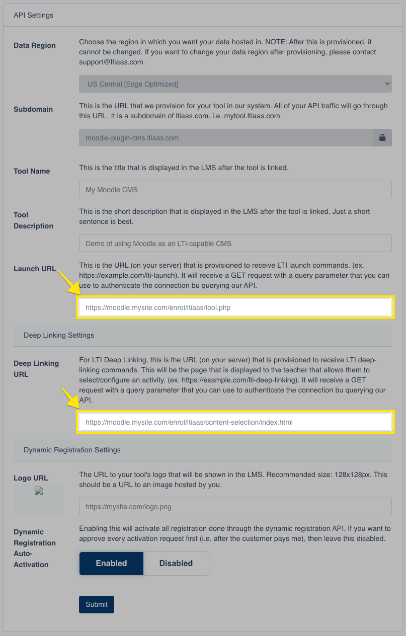 LTIAAS API Settings Page with Moodle Plugin URLs Highlighted