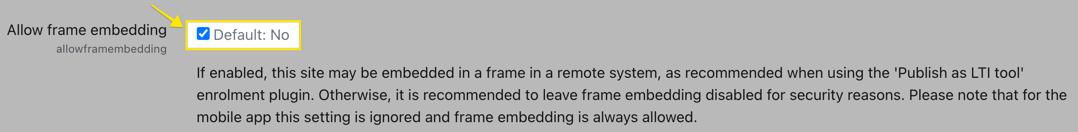 Allow frame embedding setting in Moodle