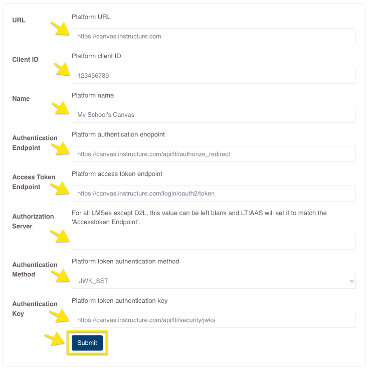 LTIAAS Portal tool registration form