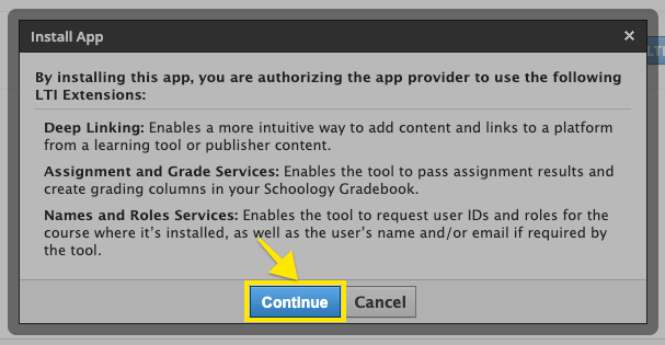 Schoology install app extensions dialog