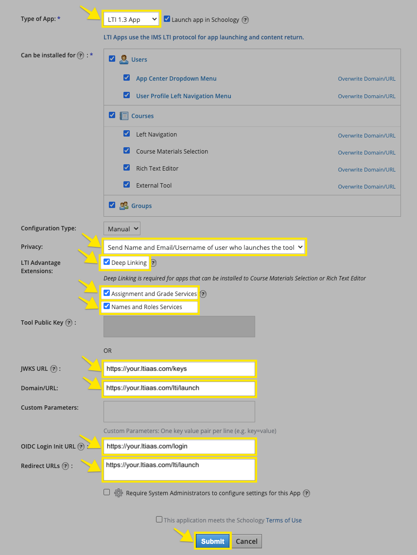 Schoology LTI® 1.3 app registration form